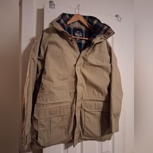 Vintage Men's Woolrich Barn Coat Khaki W/ Wool Blend Plaid Lining Small USA